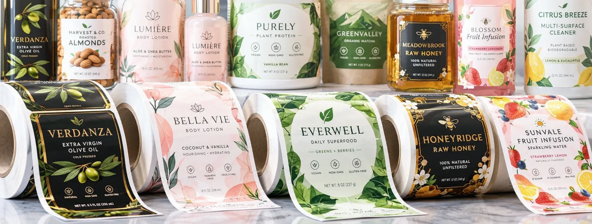 Custom printed labels on rolls and finished products, including olive oil, body lotion, superfood, raw honey and sparkling water labels